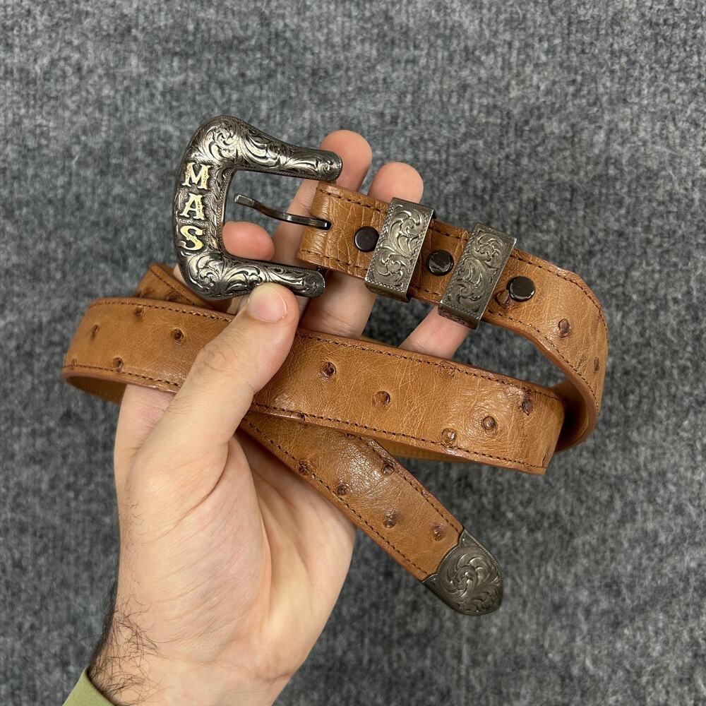 Max Lang Belt Mens 42 Ostrich Sterling Silver 14K Gold MAS Buckle Western Cowboy